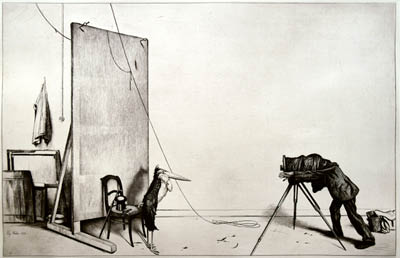 Richard M&uuml;ller (1874-1954),Skurrile Szene:  Ein verstaubter W&uuml;rdentr&auml;ger
posiert vor einem Fotografen,a dusty celebrity poses in a photographers studio