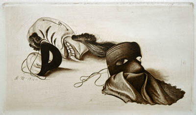 Richard M&uuml;ller (1874-1954),zwei abgelegte Faschingsmasken perfekt auf die Druckplatte
komponiert,two old Fasching-masks brought to paper in perfection