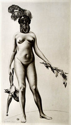 Richard M&uuml;ller (1874-1954),eine maskierte Sch&ouml;nheit, die die Narrheit oder Ruhm zur
Wahl stellt,Pure symbolism in this motif: folly and fame in the hands of a masked beauty