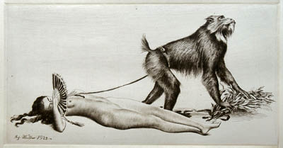 Richard M&uuml;ller (1874-1954),Ein Affe mit abgelegtem Lorbeerkranz, von einer Sch&ouml;nen
im Zaum gehalten,A monkey with put down wreath of laurel,kept under contol by a relaxed beauty