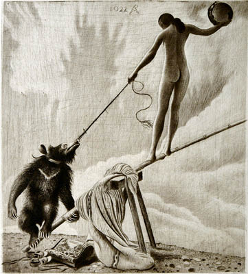 Richard M&uuml;ller (1874-1954),Eine Sch&ouml;ne, die einen Tanzb&auml;ren auf unsicheres
Terrain zieht ,A beauty, moving a dance-bear on to unfamiliar ground