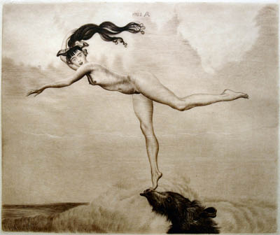 Richard M&uuml;ller (1874-1954),Puppengesichtiger Teenager, einem alten Tanzb&auml;ren auf der
Nase tanzend,A doll-faced teen, messing up an old dance-bear, an artwork full of symbolism