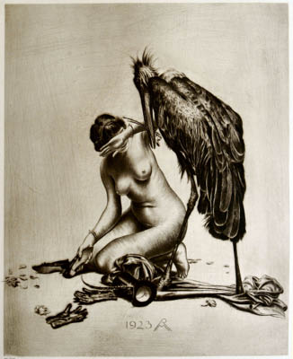 Richard M&uuml;ller (1874-1954),Die Sch&ouml;ne erwehrt sich z&ouml;gernd eines mit
Nestbaumaterial nahenden Freiers,Weakly defense: an old suitor approaches with some nest-building
material