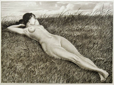 Richard M&uuml;ller (1874-1954),Interessante Diagonalkomposition,interesting contrast between
grass and body in that diagonal composition