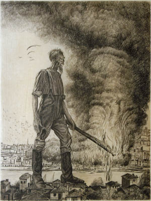 Richard M&uuml;ller (1874-1954),Im ersten weltkrieg setzt sich M&uuml;ller mit der Kriegsfurie
auseinander,despite others, during WW I. M&Uuml;ller is far from beeing a war-enthusiast